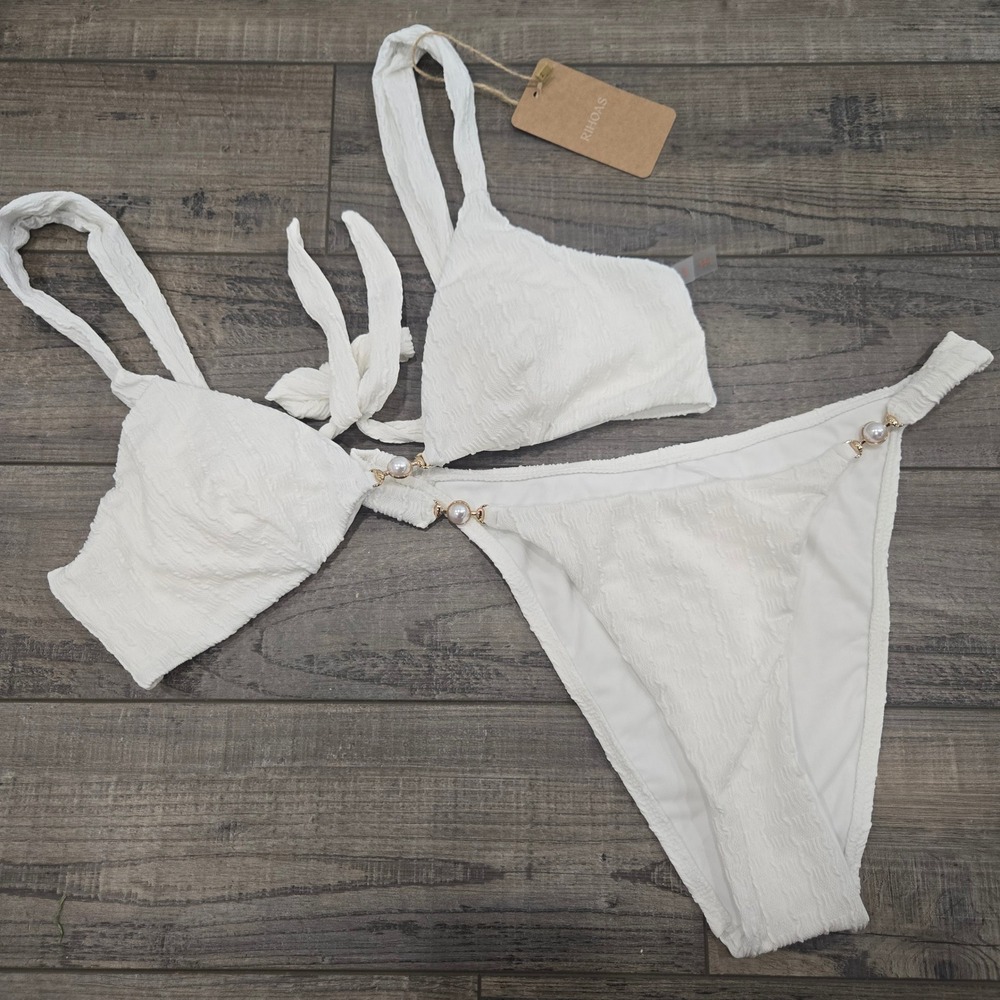 RIHOAS White Textured Pearl Detail Bikini Set NWT Large Resort Bathing Suite